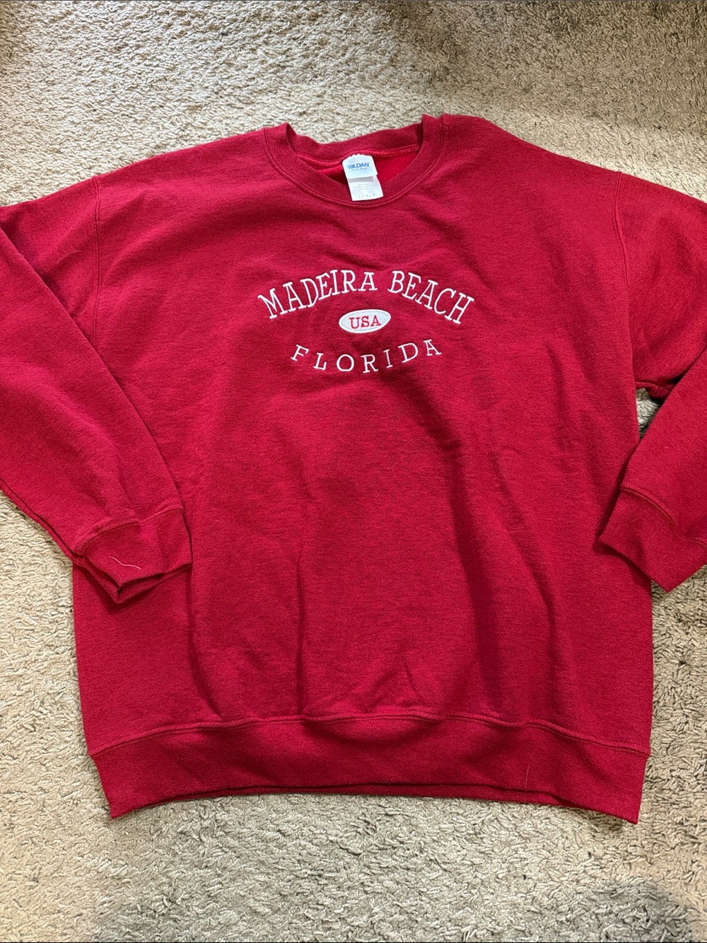 Madeira Beach Florida Unisex Large Embroidered Red Graphic Crewneck Sweatshirt